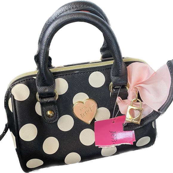 Betsey Johnson Black White Polka Dot Mini Bag Handle Small Bow Pocketbook - Picture 3 of 7